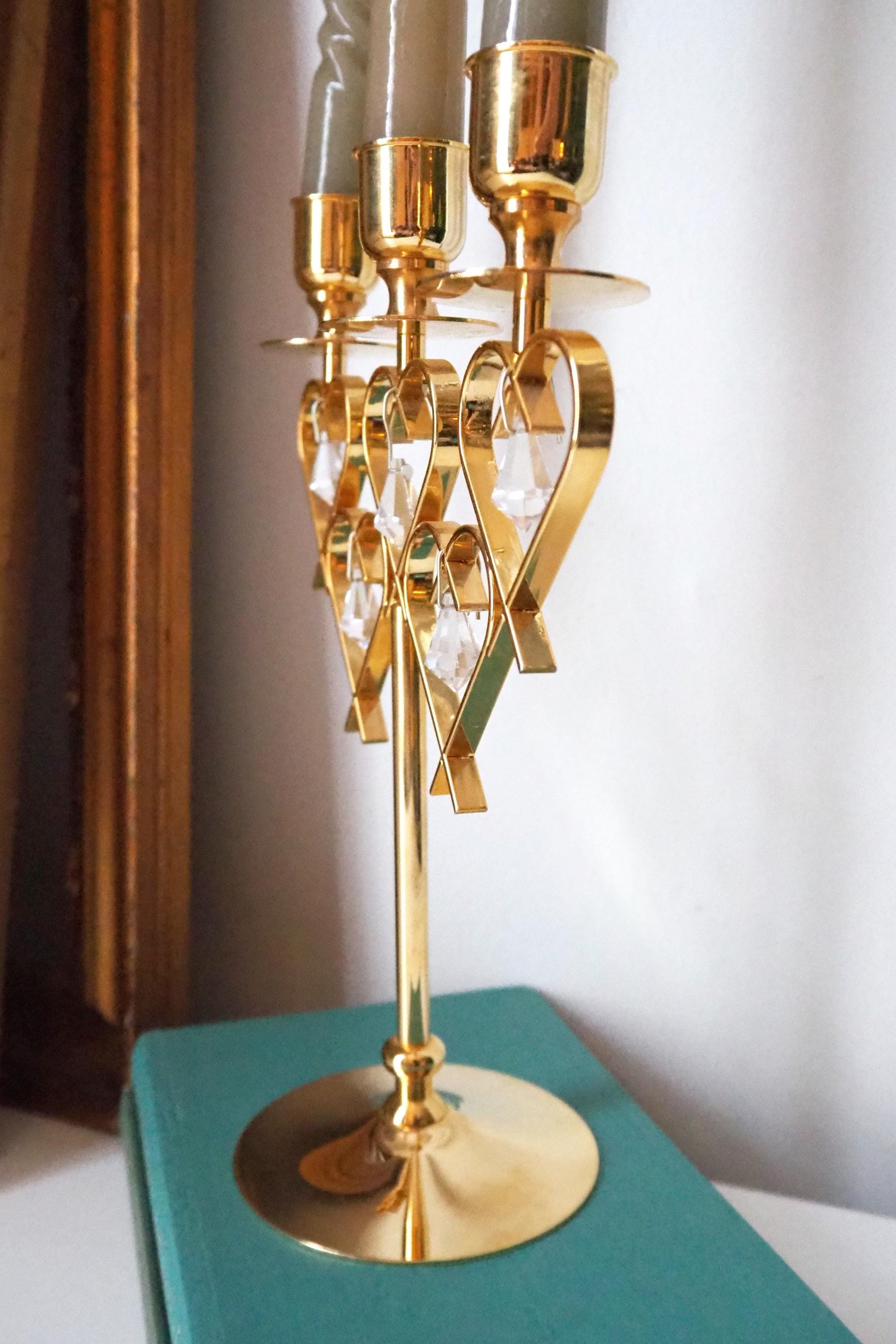 Vintage crystal candelabrum | Vintage three arm candle holder | Gold plated candelabra | Vintage heart candelabrum