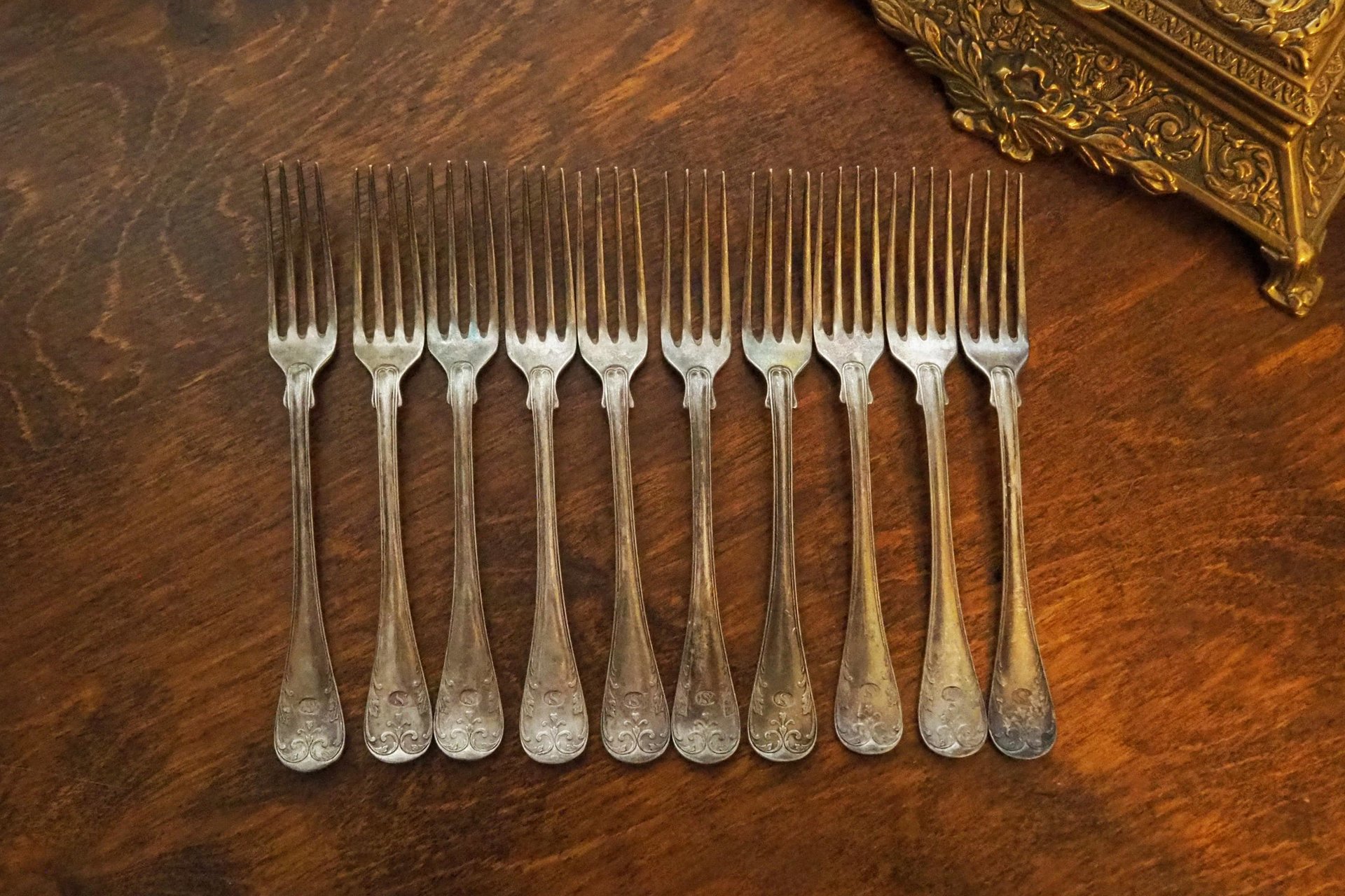 Set of ten vintage forks | C. G. Hallberg dinner forks | Vintage alpacca silver forks | Made in Sweden