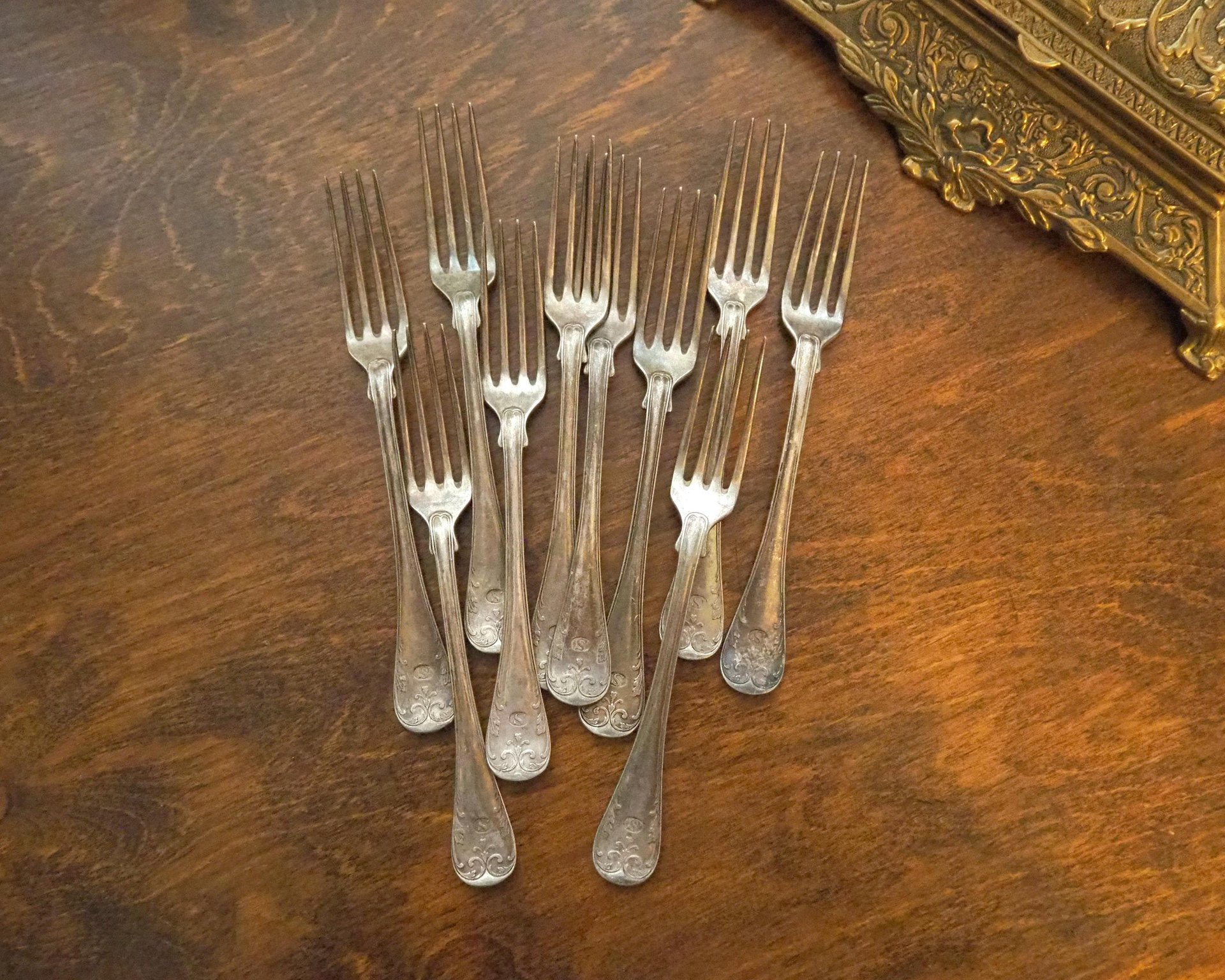 Set of ten vintage forks | C. G. Hallberg dinner forks | Vintage alpacca silver forks | Made in Sweden