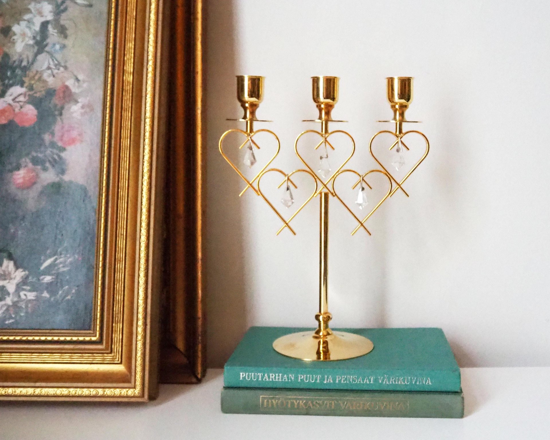 Vintage crystal candelabrum | Vintage three arm candle holder | Gold plated candelabra | Vintage heart candelabrum