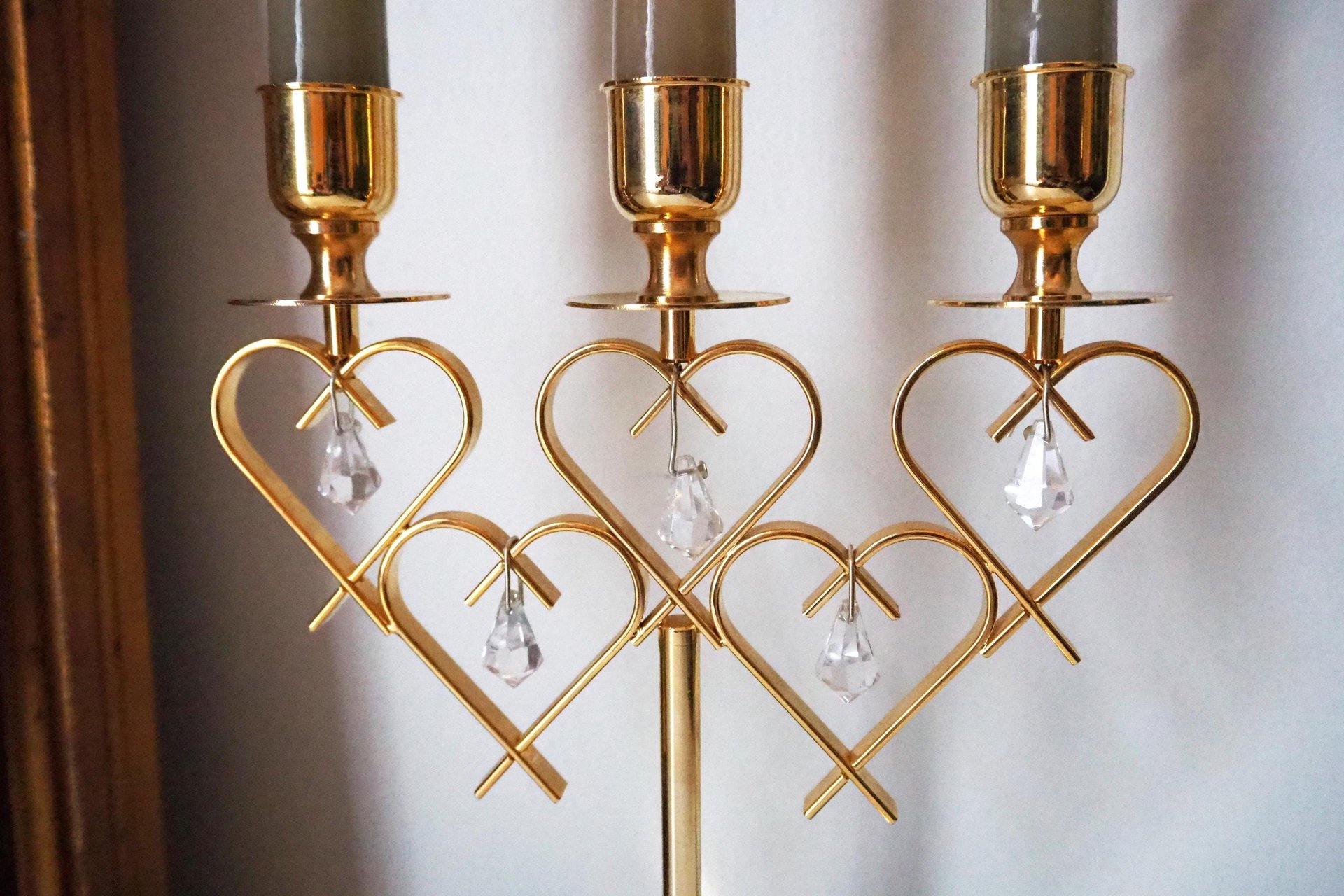 Vintage crystal candelabrum | Vintage three arm candle holder | Gold plated candelabra | Vintage heart candelabrum