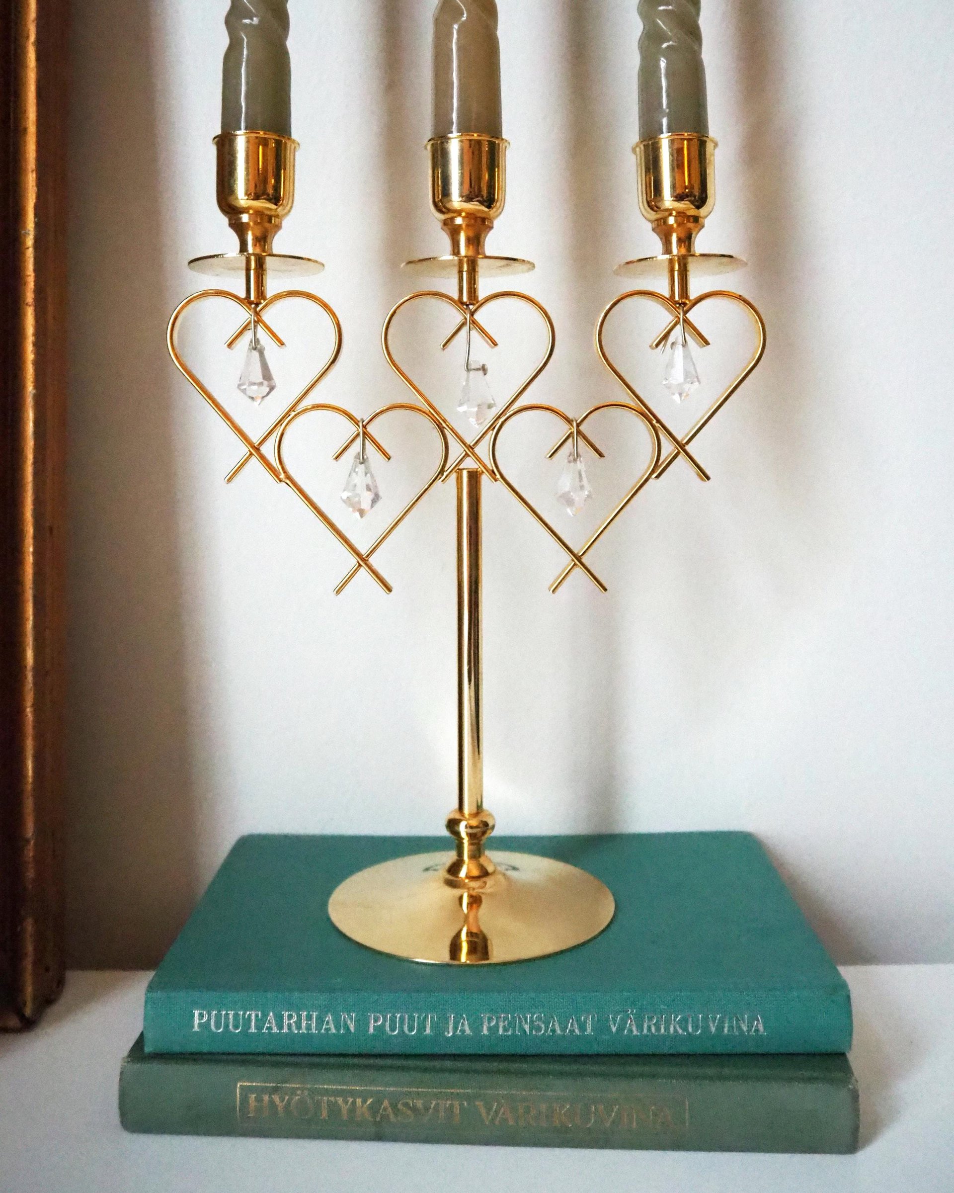 Vintage crystal candelabrum | Vintage three arm candle holder | Gold plated candelabra | Vintage heart candelabrum