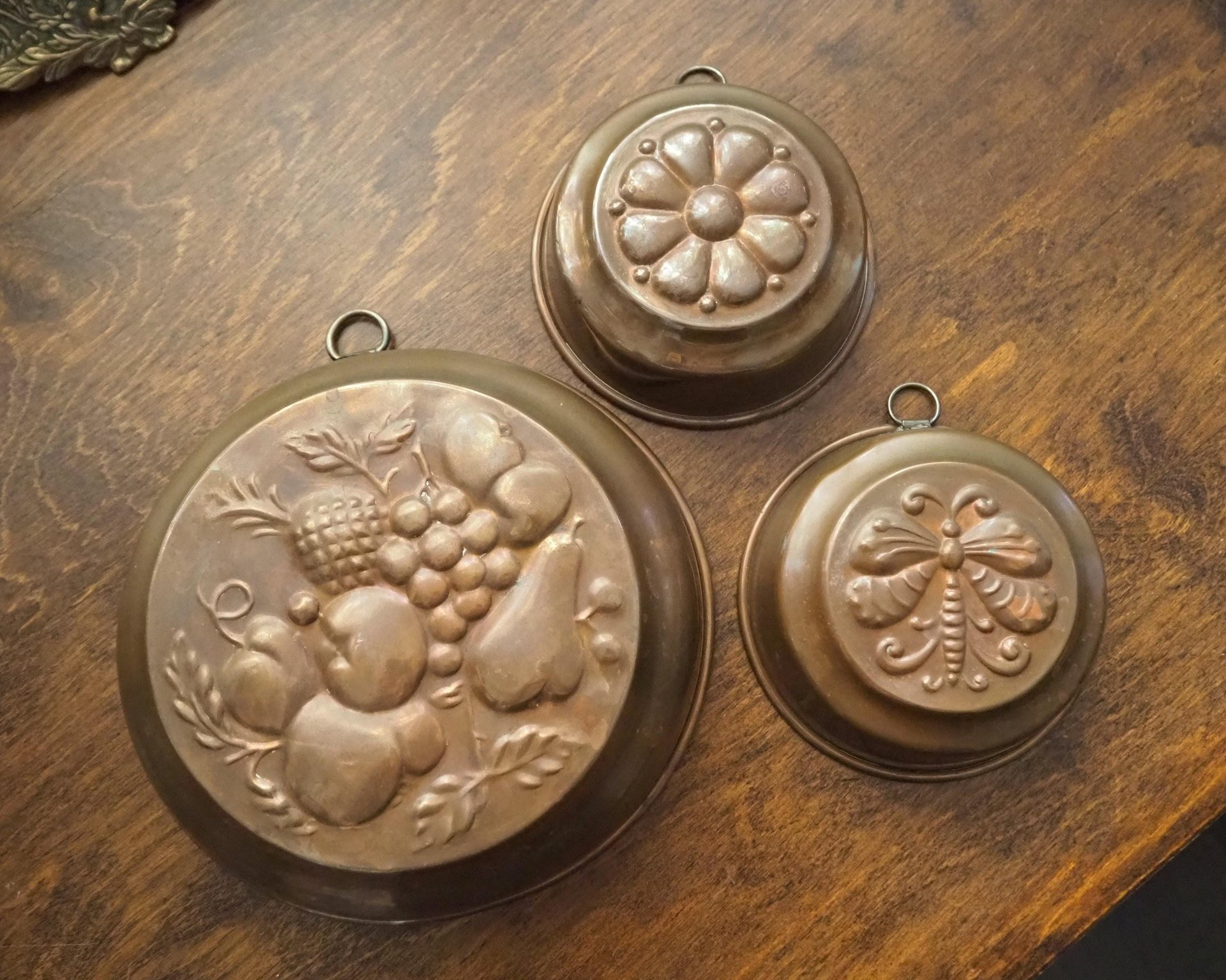 Set of three vintage copper baking molds | Vintage copper molds | Mismatched copper molds | Vintage baking molds | Vintage kitchen decor