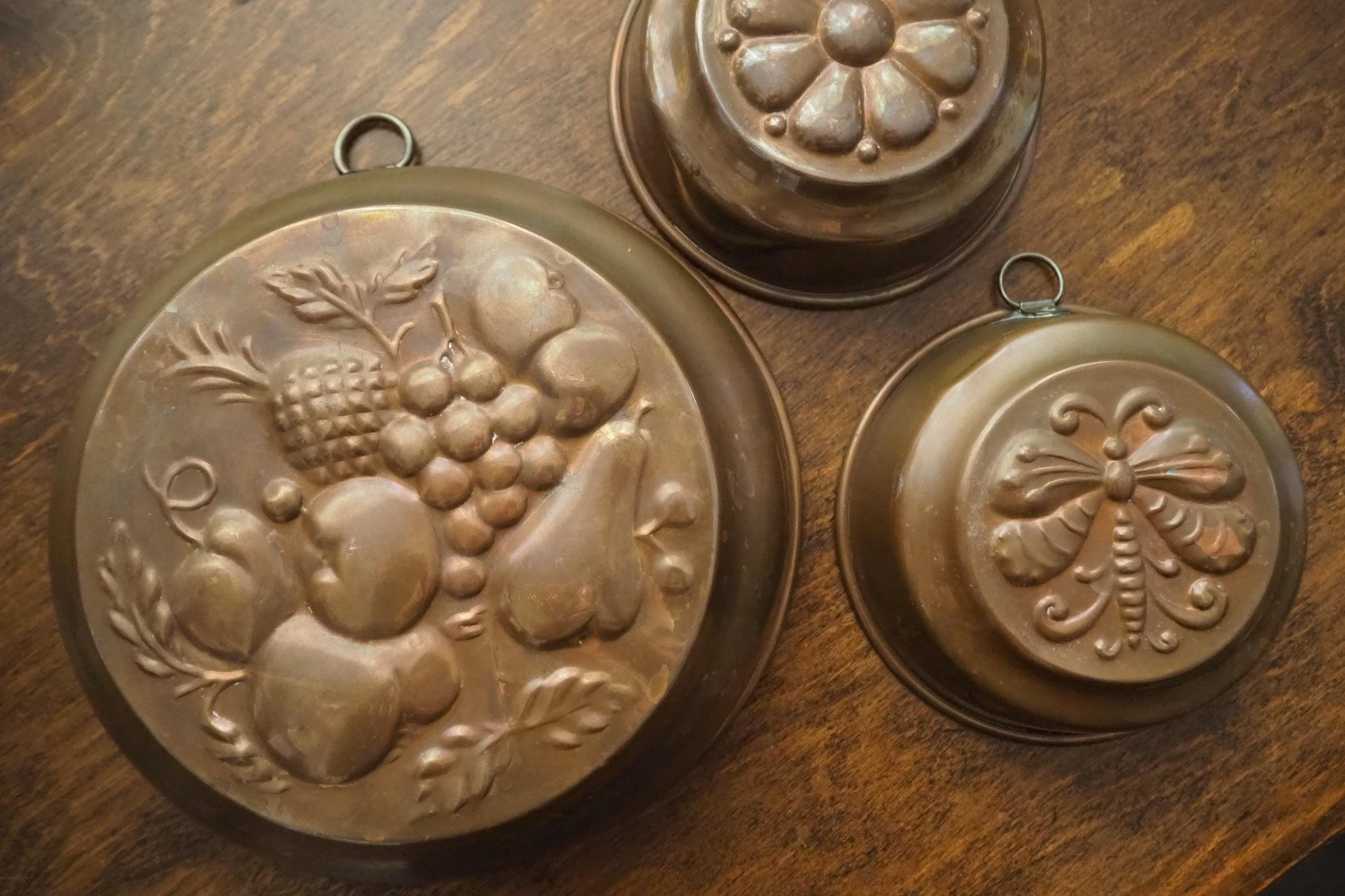 Set of three vintage copper baking molds | Vintage copper molds | Mismatched copper molds | Vintage baking molds | Vintage kitchen decor