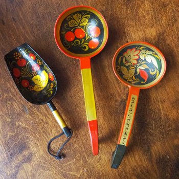 Vintage Khokhloma scoops | Vintage handpainted wooden scoops | Russian wooden ladles | Vintage Khokhloma ladles