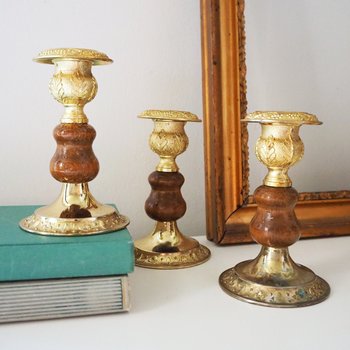Set of three vintage candlestick holders | Gold plated candle holders | Vintage gold and wood candle holders | Made in England