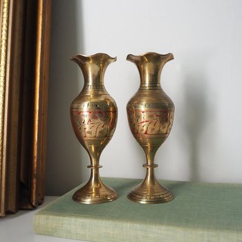 Set of two small vintage vases | Small brass vases | Vintage bud vase | Vintage single flower vases | Etched brass vases