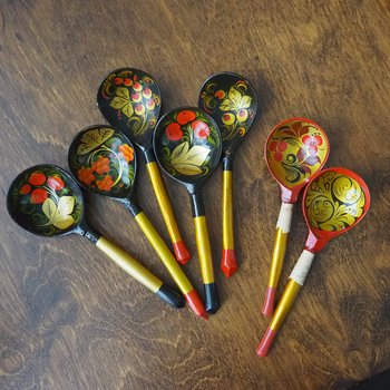 Vintage Khokhloma spoons | Vintage handpainted wooden spoons | Russian wooden spoons
