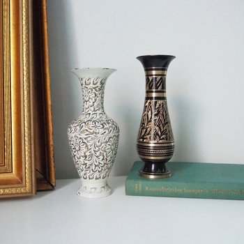 Vintage brass vases | Set of two small vases | Black and white brass vase | Etched brass vases | Vintage vases