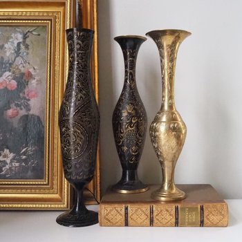 Vintage brass vase | Etched brass vases | Vintage bud vase | Vintage single flower vases | Black and brass vases