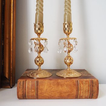 Vintage candlestick holder pair | Gold plated crystal candlestick holders | Ornate candlestick holders | Crystal candlestick holders
