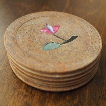 Vintage coasters | Set of six stone coasters with mother of pearl inlays | Vintage stone coaster set | Floral coasters | Marble coasters
