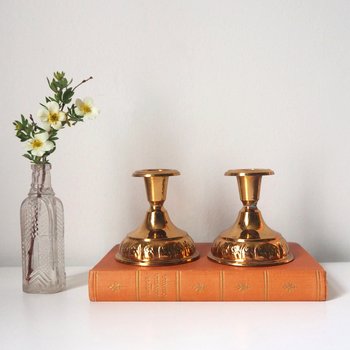Pair of vintage candlestick holders | Gold plated candlestick holders | Simple candlestick holders