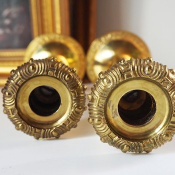 Set of two vintage candlestick holders | Gold plated candle holders | Vintage gold and wood candle holders | Made in England