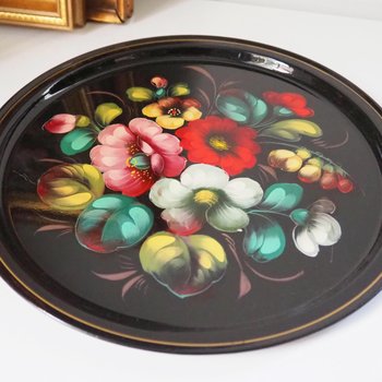 Vintage floral metal tray | Handpainted floral tray | Vintage floral tray | Vintage Zhostovo tray | Round floral metal tray
