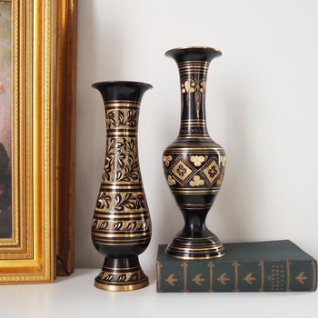 Set of two vintage vases | Brass vases | Mismatched vintage vases | Etched brass and black vases | Vintage brass vase set