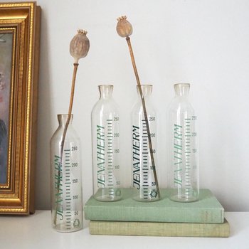 Set of four vintage glass bottles | Vintage Jenatherm laboratory bottles | Vintage apothecary bottles | Vintage glass vases