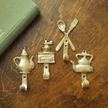 Vintage brass wall hooks | Set of four brass wall hooks | Small brass wall hooks | Kitchen wall hooks | Mismatched brass wall hooks