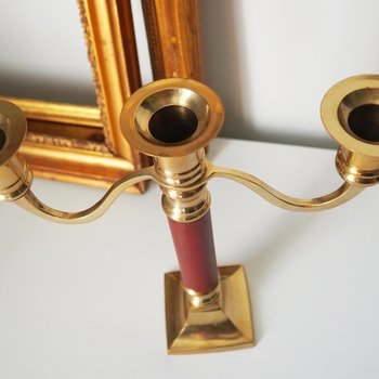 Vintage brass candelabra | Brass and wood candelabra | Three arm brass candlestick holder | Three arm candelabrum