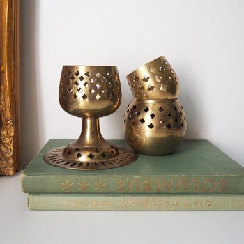 Set of three vintage tealight candle holders | Brass tealight candleholders | Vintage brass votive candleholders | Mismatched candle holders