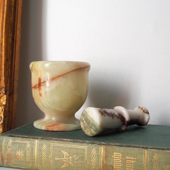 Vintage mortar and pestle | Onyx marble mortar | Small marble mortar | Green and brown onyx mortar and pestle