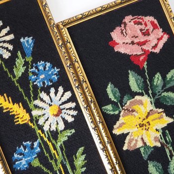 Set of two vintage framed needlepoint florals | Framed needlepoint wall art | Mismatched floral needlepoint wall art | Vintage needlepoint