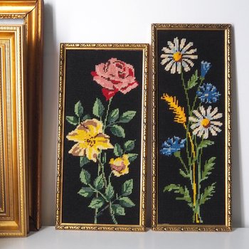 Set of two vintage framed needlepoint florals | Framed needlepoint wall art | Mismatched floral needlepoint wall art | Vintage needlepoint