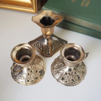 Set of three vintage candlestick holders | Silver tone candlestick holders | Mismatched candlestick holders
