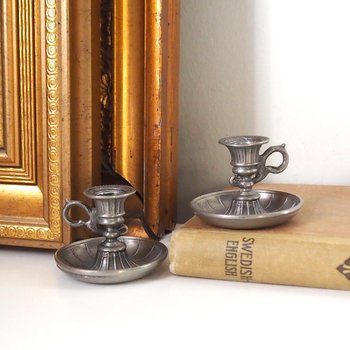 Set of two vintage candlestick holders | Tiny pewter candlestick holders | Small chamber style candle holders | Pewter candle holders