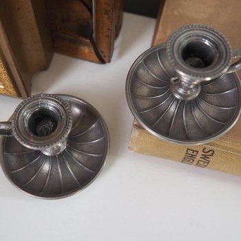 Set of two vintage candlestick holders | Tiny pewter candlestick holders | Small chamber style candle holders | Pewter candle holders