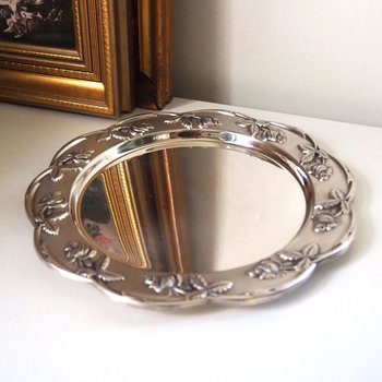 Vintage alpacca silver plate | Alpacca silver platter | Vintage silver plate | Alpacca plate with rose ornament | Floral silver plate