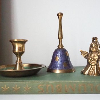 Vintage brass Christmas set | Vintage brass hand bell | Vintage brass candle holder and candle snuffer | Vintage Christmas gift set